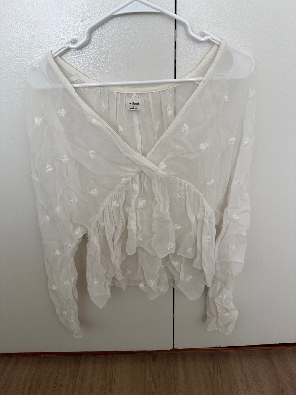 Wilfred White Sheer Embroidered Peplum Blouse
